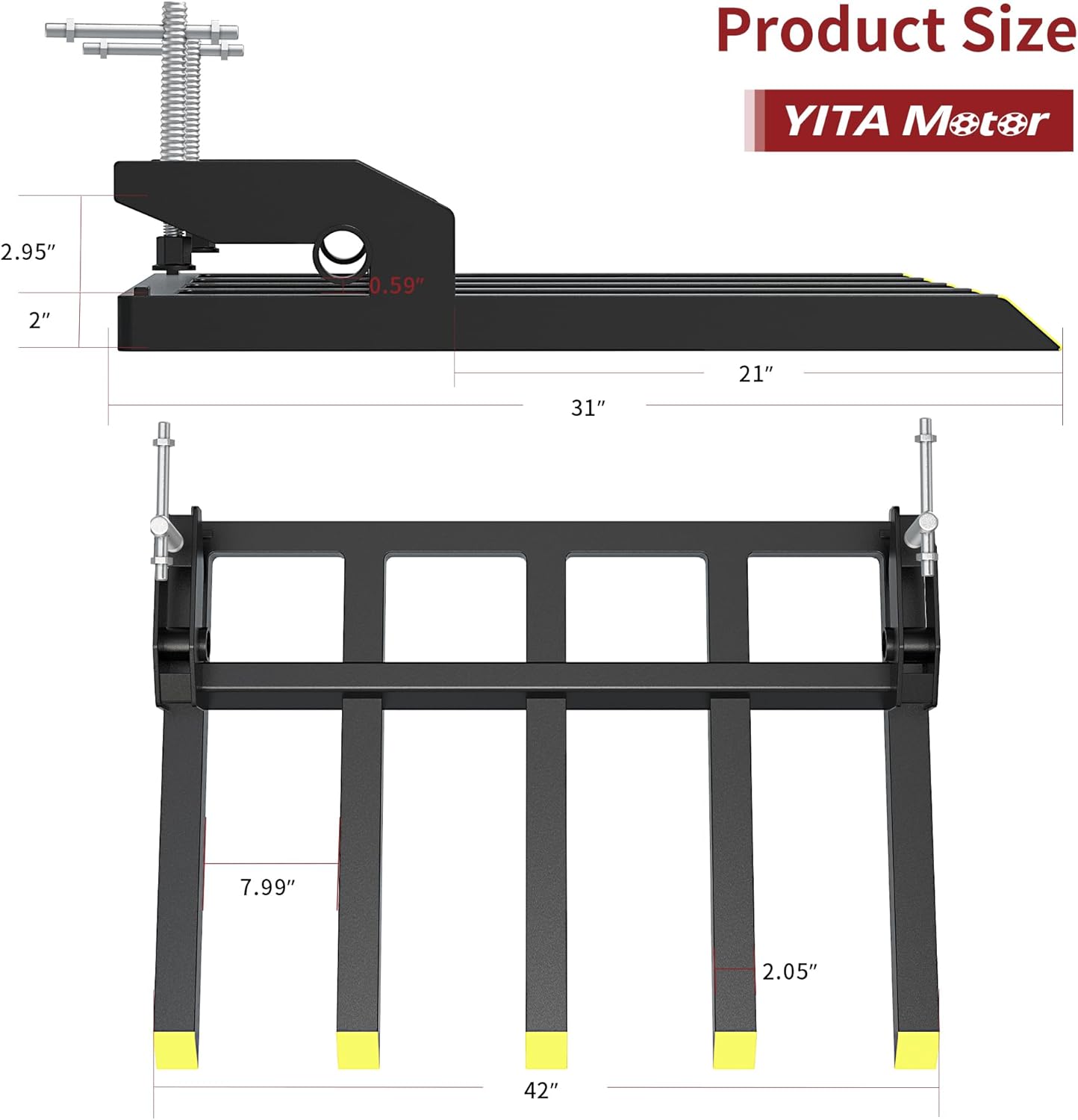 YITAMOTOR Clamp on Debris Forks Fits 48'' Bucket, 2500 lbs Heavy Duty Quick Attach Pallet Forks for Tractor Loader Skid Steer