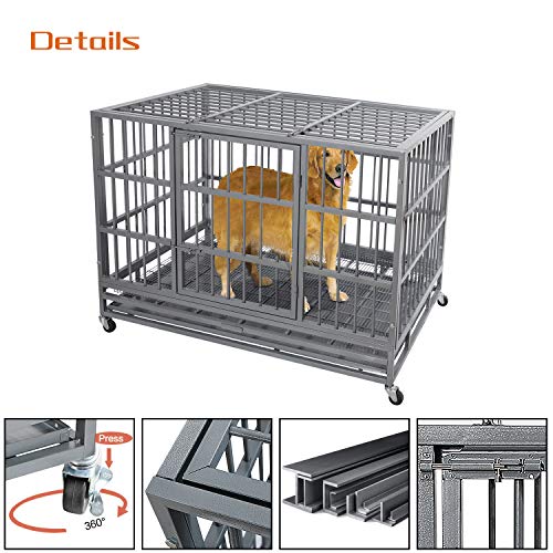 Otaid 48 Inch Heavy Duty Dog Crate Cage Kennel with Wheels, High Anxiety Indestructible Dog Crate, Sturdy Locks Design, Double Door and Removable Tray, Extra Large XL XXL Dog