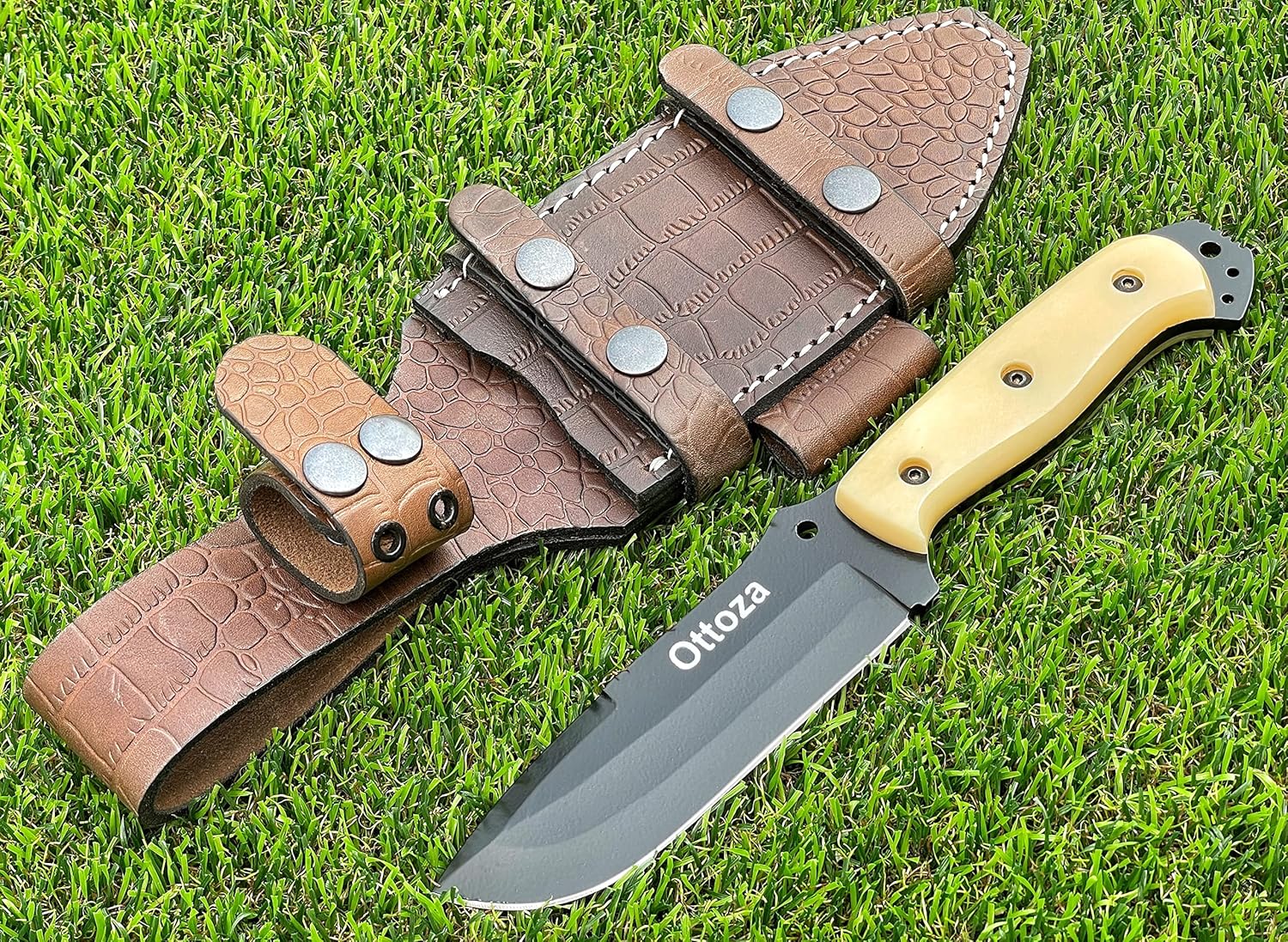 Ottoza Handmade 1095 Carbon Steel Bushcraft Knife & Bone Handle - Survival Knife - Camping Knife - Tactical Knife - Hunting Knife with Sheath Horizontal Carry Knife & Vertical Knife No:314