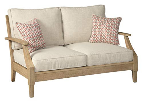 Signature Design by Ashley Carter Hall Outdoor Eucalyptus Patio Sofa with Cushion, Beige