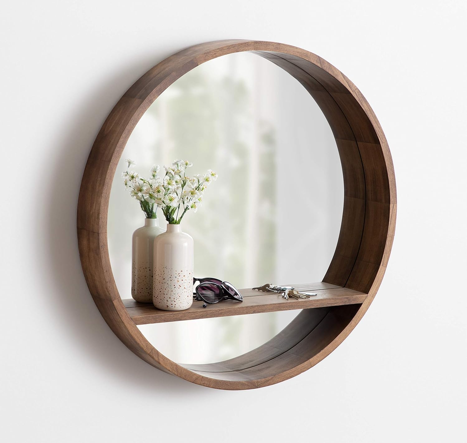 Kate and Laurel Hutton Round Mirror with Shelf, 30" Diameter, Rustic Brown Finish, Geometric Home Decor