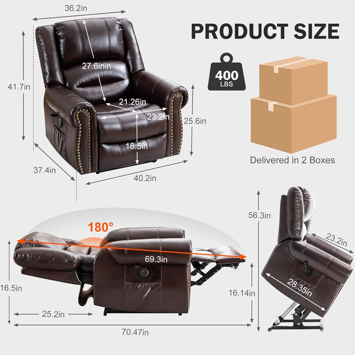 Lay Flat Dual Motor Power Lift Recliner Chair with Massage and Heat for Elderly, Breathable Leather Overstuffed Lift Chairs, Infinite Position Recliner Chairs for Sleeping, 2PCS Brown