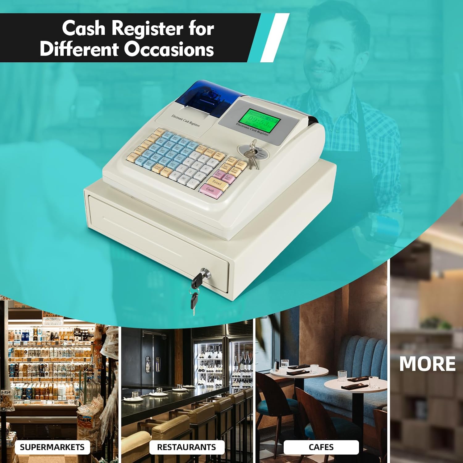 Cash Register, Small Business Electronic Cash Register 48 Keyboards Multifunctional Cash Register with Quick Load Thermal Printer, Cash Management System with Cash and Coin Drawer