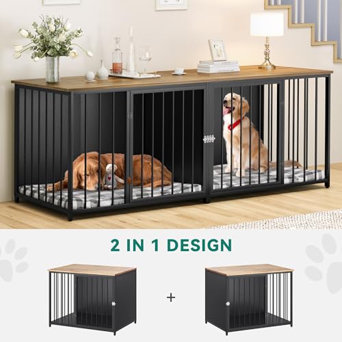DWVO Double Dog Kennel Furniture, 80.2" Dog Cage Furniture with Divider, Double Dog Crate TV Stand for 2 Medium Dogs, Black