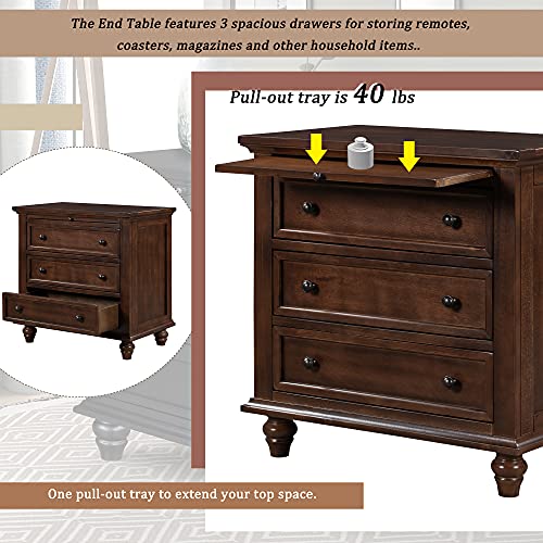 Knocbel 3-Drawer Nightstand with Pull-Out Tray, Wooden Bedside Night Stand Sofa Side End Table with Legs, 110lbs Weight Capacity, 28.1" H x 28" W x 16.9" D (Blue)