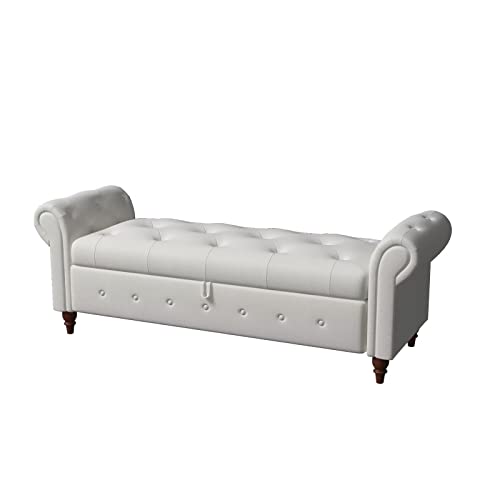 63" Long Storage Bench, Button Tufted Bed End Storage Bench with Rolled Arm and Solid Wood Legs, Upholstered Storage Ottoman Footrest for Bedroom Entryway Living Room, Space Saving, Blue