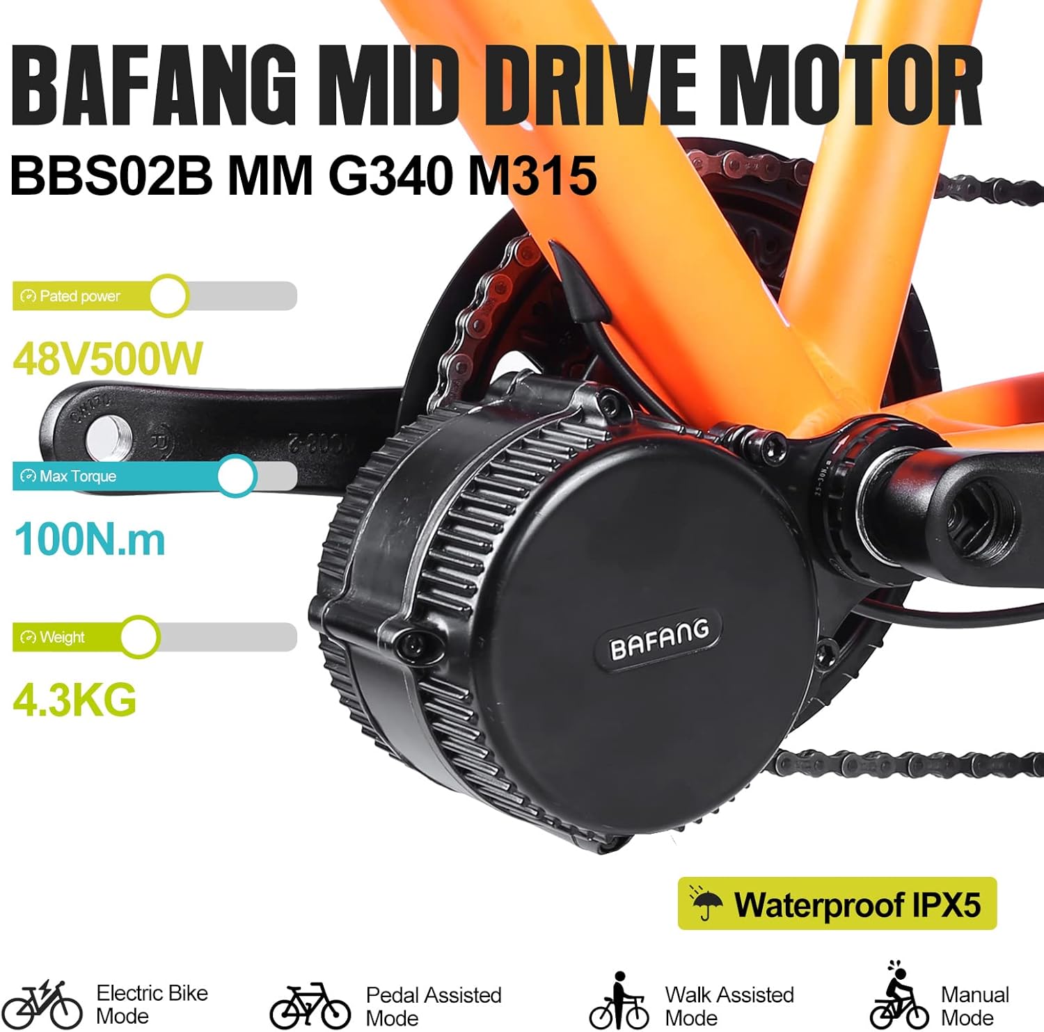 BAFANG Electric Bike Motor Kit Mid Drive BBS02B 48V 500W Bicycle Conversion Kit Ebike fit with BB68-73mm MTB Commuter Bikes with Optional Hailong Shark Battery & Rear Rack Battery with Charger