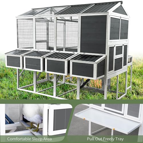 95''X80''X83'' Wooden Chicken Coop with Run – 3-Tier Walk-in Poultry House for 8-10 Chickens, Nesting Boxes, Pull-Out Trays & Rainproof Cedar Design – Gray Outdoor Backyard Cage