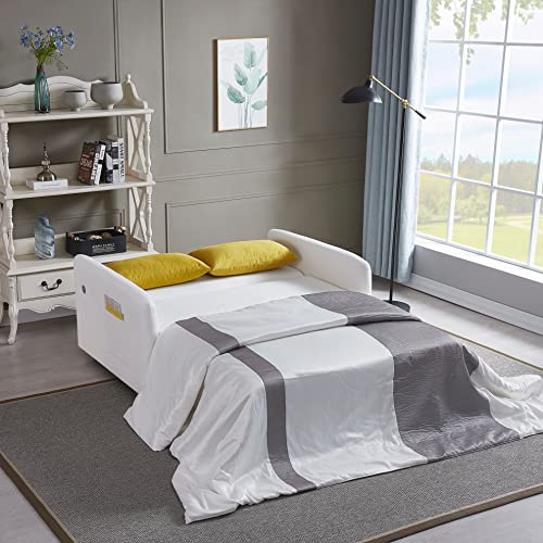 Upholstered 2 Seaters Futon Sofa Loveseat with Adjustable Backrest Convertible Sleeper Couch Bed for Small Space Apartment Office Living Room Velvet Tufted Twin XL W/Pillows,Side Pockets & USB Port