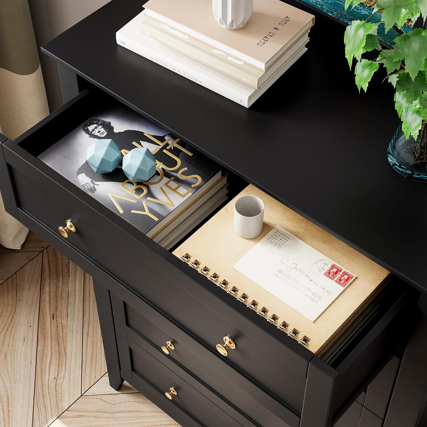 5 Drawer Dresser for Bedroom, Tall Dresser Closet Organizer, Wood Dresser with Deep Space & Metal Knobs, Modern Chests of Drawers for Entryway, Hallway, Black