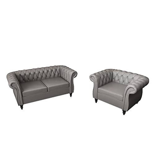 3 Piece Living Room Set, Chesterfield Velvet Sofa Loveseat Couch Chair with Scroll Arms and Nailhead for Living Room, Office (Beige, 1-2-3)