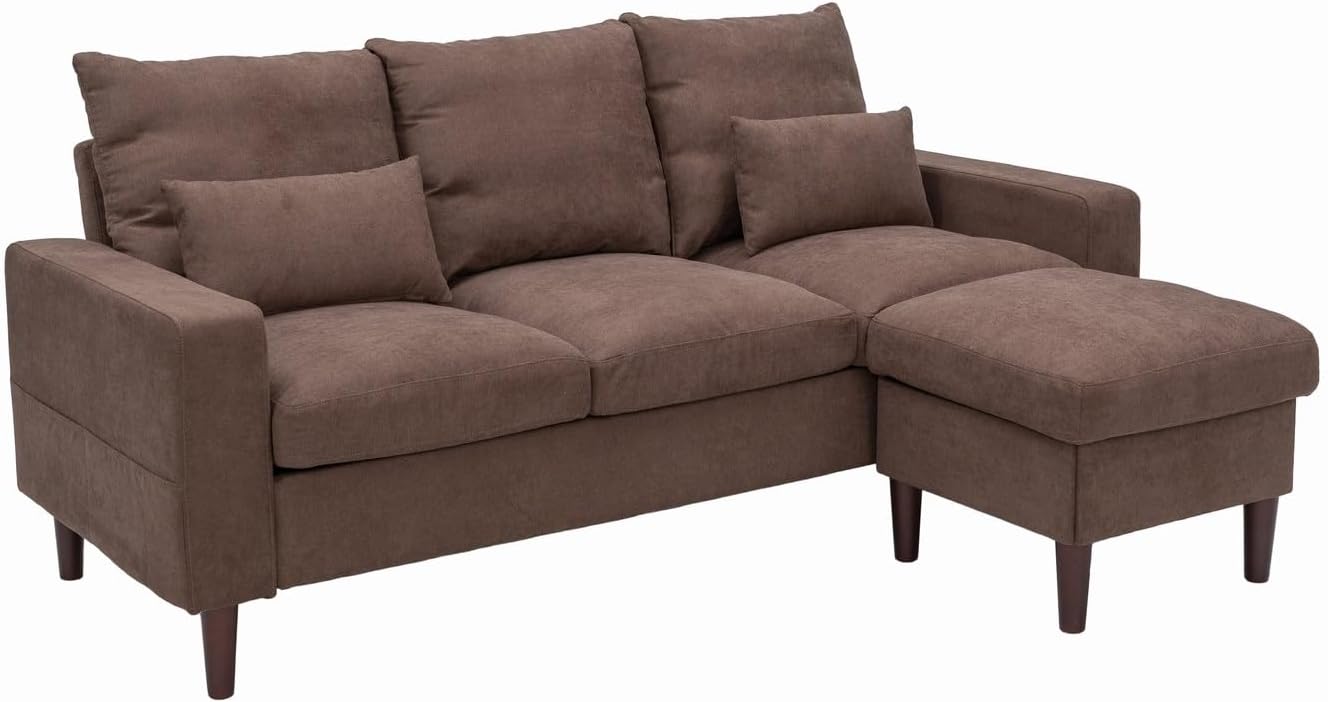 Panana Convertible Sectional Sofa Couch Modern L-Shaped Couch 3 Seat Fabric Sofa for Small Space (Brown)