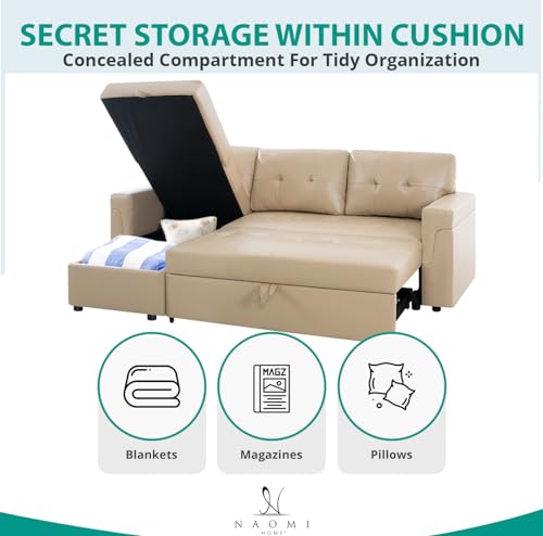 Naomi Home Jenny Sectional Sofa Sleeper with Storage Chaise, Tufted Pull Out Couch with Storage, L-Shaped Reversible Sleeper Sofa with Storage, Black,Air Leather