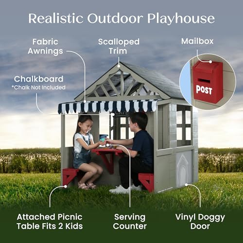 Delta Children MySize Deluxe Outdoor Playhouse with Play Sink with Running Water, Picnic Table & Mailbox – Premium Wooden Cedar Playhouse for Kids, Grey