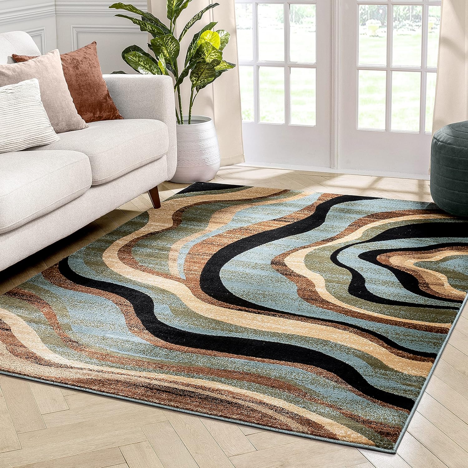 Hudson Waves Blue Brown Geometric Modern Casual Area Rug 8x10 8x11 ( 7'10" x 9'10" ) Easy to Clean Stain Fade Resistant Shed Free Abstract Contemporary Natural Lines Multi Soft Living Dining Room Rug