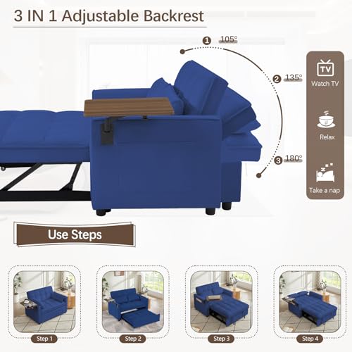 3 in 1 Sleeper Sofa Bed,47" Velvet Futon Tufted Pull Out Couch Bed,2 Seater Loveseat Chaise Lounge with Reclining Adjustable Backrest&Table for Living Room,Apartment,Office,Small Space(Beige)