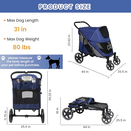 Dog Stroller for Large Dogs Up to 80 lbs One-Click Foldable Medium Dogs Pet Stroller with Access Ramp, Storage, Breathable Mesh Window and Safety Brake, Navy Blue