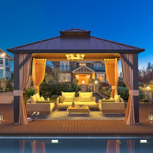 EROMMY 14'x20' Hardtop Gazebo Double Roof Galvanized Steel Canopy Outdoor Aluminum Frame Permanent Metal Pavilion with Netting and Curtains for Patio Backyard Deck and Lawns