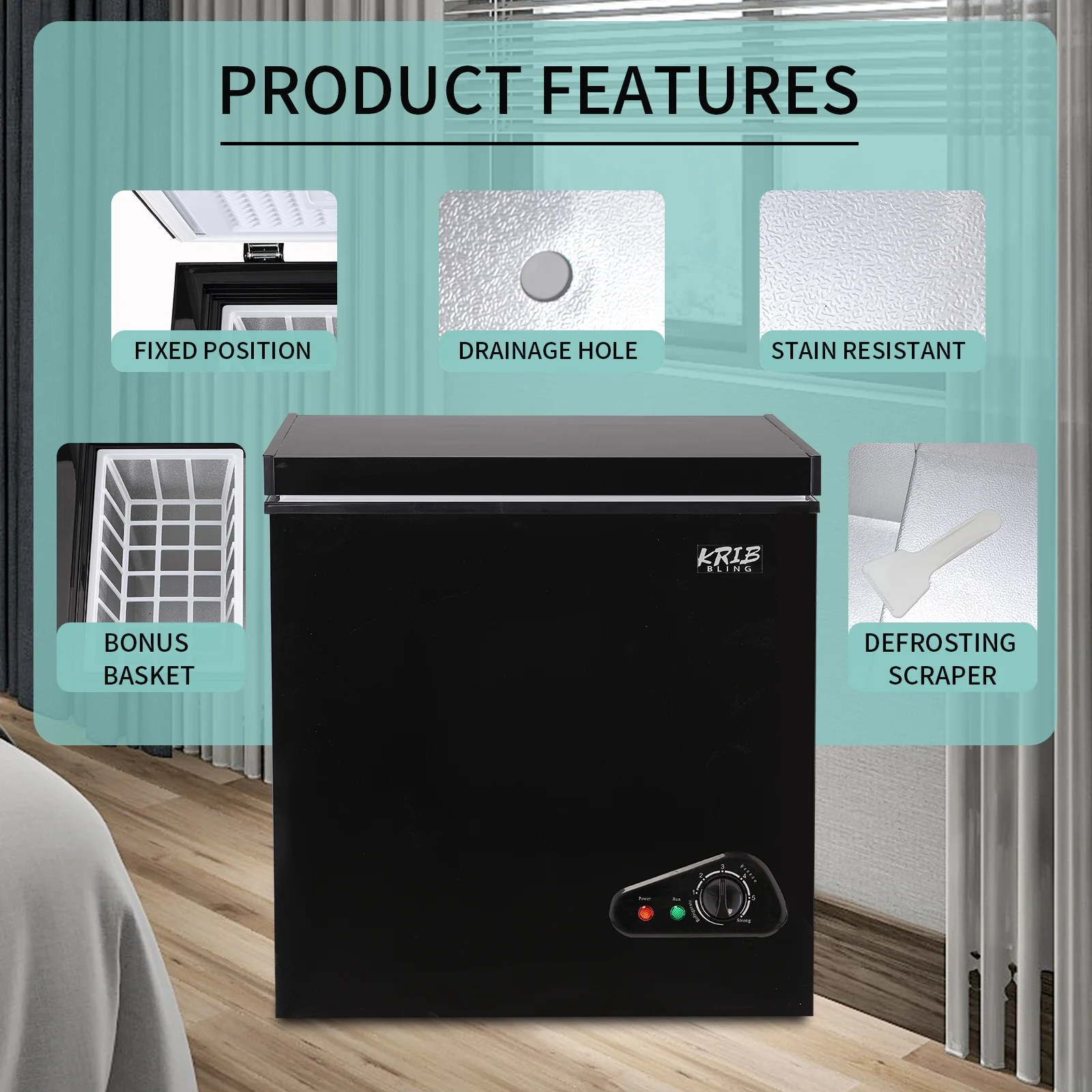 Krib Bling 5.0 Cu.ft Compact Chest Freezer with Removable Basket, Top Door Open Freestanding Deep Freezer with 7 Gears Temperature Adjustment, Ideal for Home, Kitchen & Basement, Black