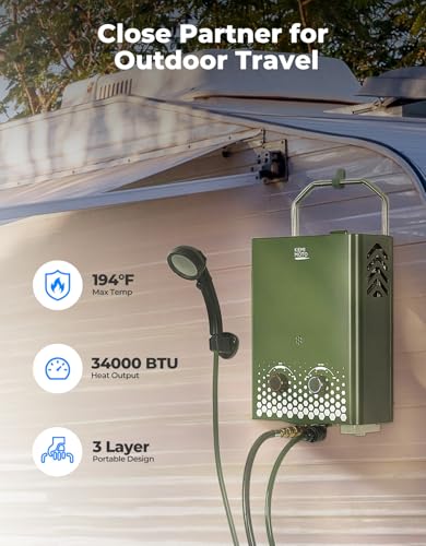 KEMIMOTO propane tankless water heater outdoor，1.32Gpm 34000 BTU Camping Portable Water Heater，Easy Installation, Lightweight for Taking，Suitable For Rv/Camping/Cabin