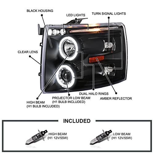 SPEC-D TUNING LED + Halo Jet Black Housing Clear Lens Projector Headlights Compatible with 2007-2013 Chevy Silverado 1500, 2007-2014 Chevy Silverado 2500HD/3500HD Left + Right Pair Headlamps Assembly