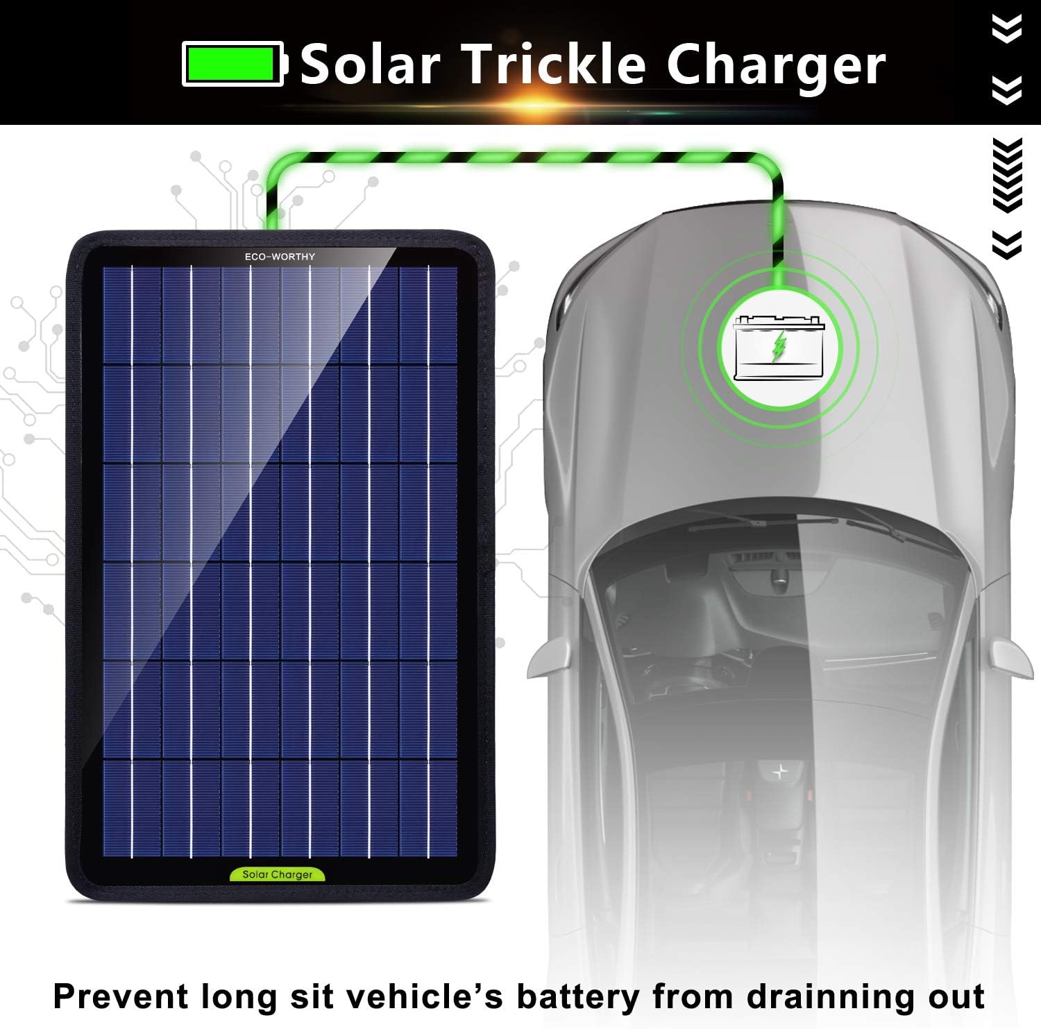 ECO-WORTHY 12 Volt 10 Watt Solar Car Battery Charger & Maintainer, Solar Panel Trickle Charger, Portable Power Backup Kit with Alligator Clip Adapter for Car, Boat, Automotive, Motorcycle, RV
