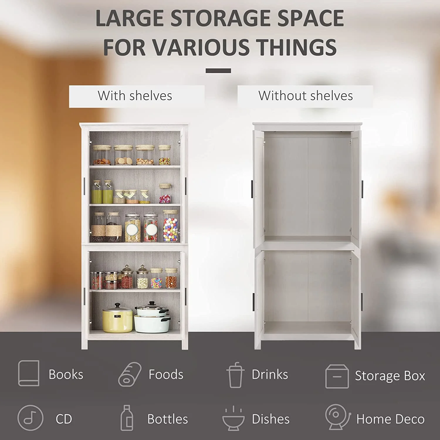 64" 4-Door Kitchen Pantry, Freestanding Storage Cabinet with 3 Adjustable Shelves for Kitchen, Dining or Living Room, Oak
