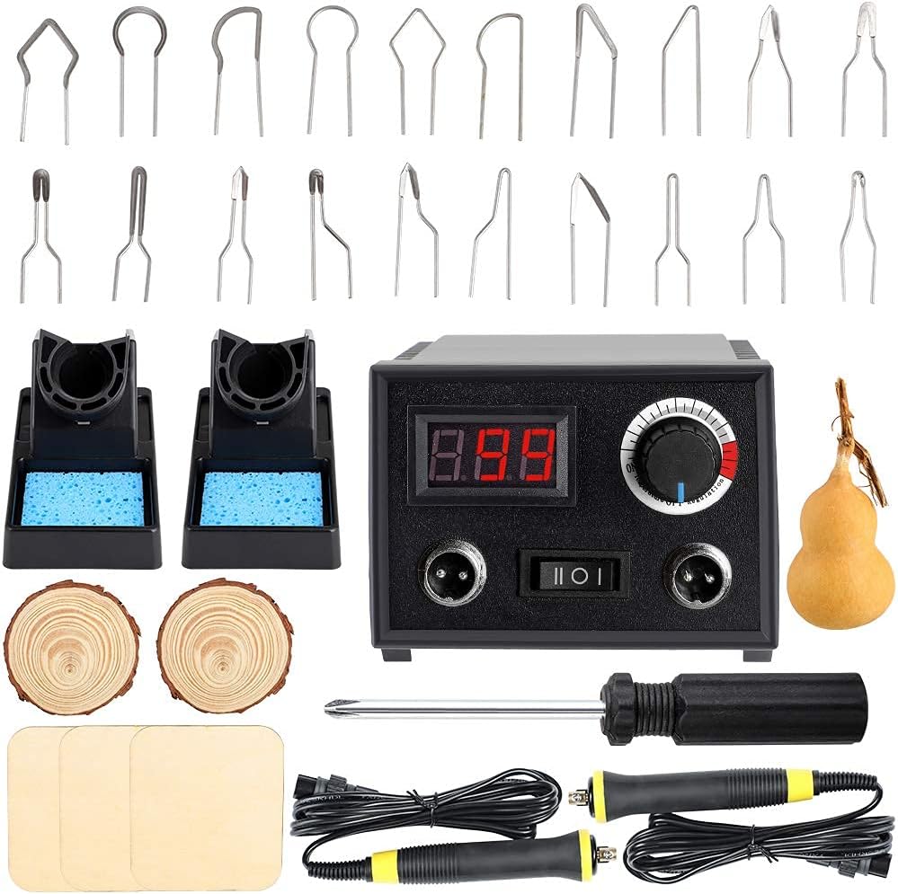 Professional Pyrography Tool Kit 60W Upgraded Wood Burning Kits with 20pcs Pyrography Wire Tips Digital Adjustable Pyrography Machine for Wood and Gourd（Duble Pen）