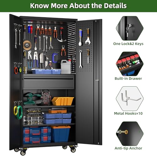 73" H Metal Storage Cabinet with Wheels, Garage Storage Cabinet with 4 Adjustable Shelves and Lockable Doors for Garage Home Office Utility Room,Required Assembly,Black