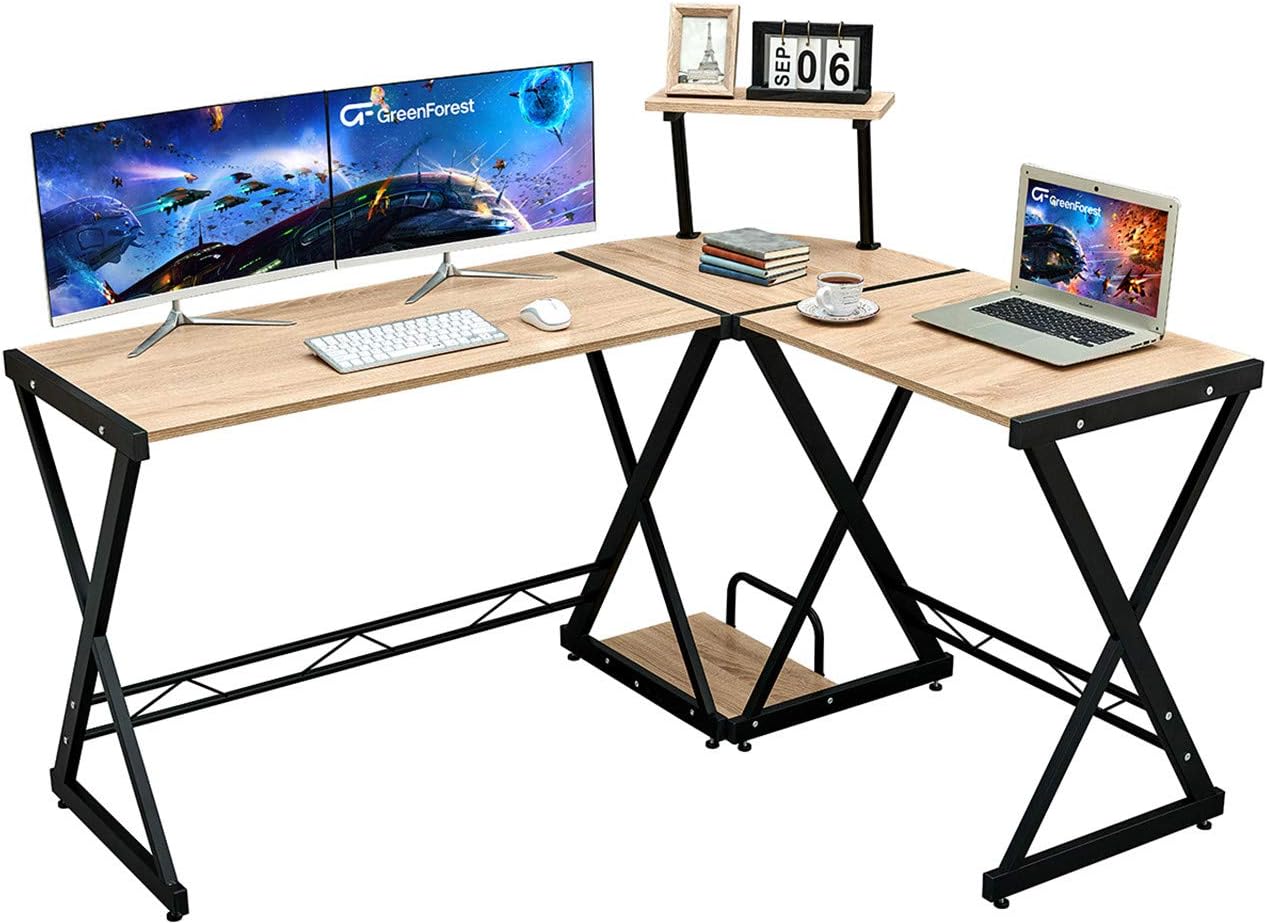 GreenForest L Shaped Desk 58 inch Reversible Corner Computer Desk with Movable Shelf and CPU Stand, Gaming Desk with Sturdy X Leg Space Saving Home Office Workstation Table, Rustic Brown