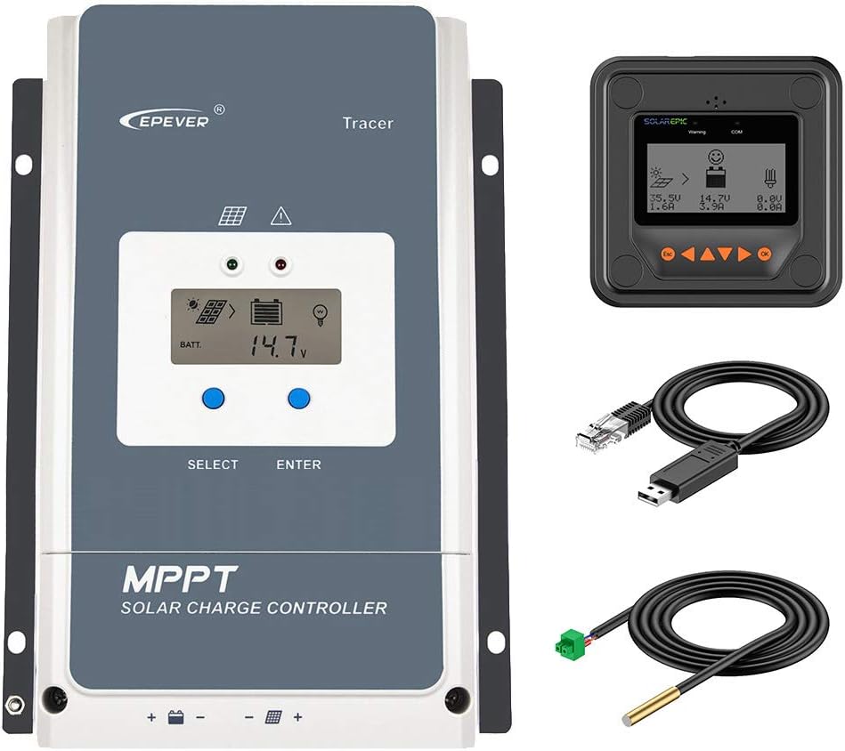 EPEVER MPPT Solar Charge Controller 80A Negative Ground 200V PV Solar Panel Charger with MT50 Remote Meter Temperature Sensor & PC Communication Cable