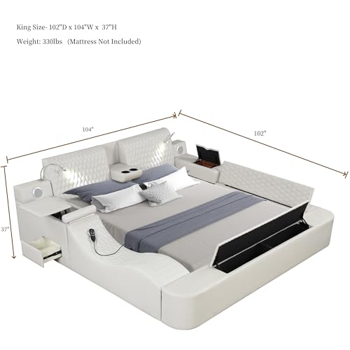 Multifunction King Bed Frame, Luxury Leather Bed Frame with Adjustable Headboard Massage Recliner/USB Port/Music Speaker/Storage Footstool/Storage Shelf, Modern Smart Bed(Black)