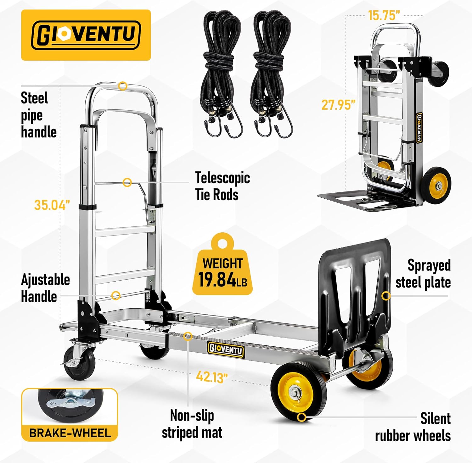 Upgraded 3 in 1 Convertible Hand Truck Dolly, 440 lb Capacity Folding Hand Truck Dolly Cart, Aluminum Dolly Hand Truck with Rubber Brake-Wheels, Anti-Slip Strip & 2 Bungee Ropes for Luggage Office Use