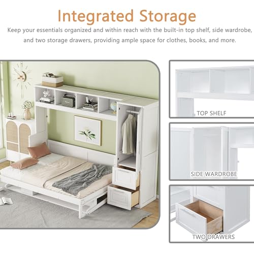 Linique Full Size Murphy Cabinet Storage Wall Bed with Closet and Drawers and Built-in Top Shelf,Hide a Bed on a Wardrobe Space Saving Design,Gray
