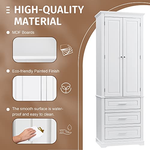 Tall Bathroom Storage Cabinet with 2 Door, Freestanding Floor Cabinet with 3 Drawers and Adjustable Shelves, Large White Linen Cabinet for Bathroom, Kitchen, Living Room