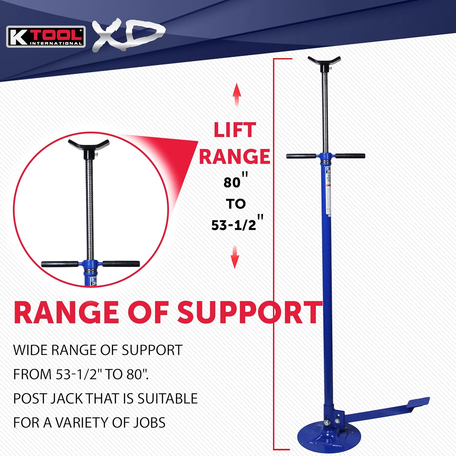 K Tool International XD Underhoist Pole Jack Support Stand with Foot Pedal 3/4 Ton, Range 53 1/2" to 80" Auto Lifts Transmission and Drive Train Spin Handle KTIXD61077