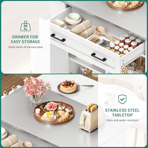 YITAHOME Kitchen Island with Stainless Steel Top & Drop Leaf, 47 Inch Kitchen Island on Wheels with Power Outlet, Rolling Portable Mobile Kitchen Cart w Storage Drawer Cabinet Counter Metal Top, White