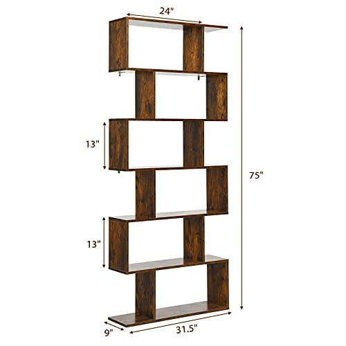 Tangkula 6-Tier Geometric Bookcase, Modern S-Shaped Storage Display Bookshelf for Living Room, Anti-Toppling Device, Home Office Wooden 6 Shelf Open Bookcase (2, Black)