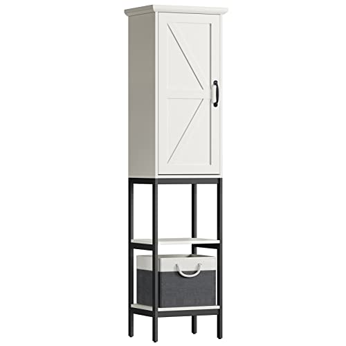 Linen Cabinet, Tall Narrow Slim Storage Cabinet with Storage Basket, Linen Tower with Barn Door and 5 Shelves Freestanding Floor Storage Cabinet for Bathroom Living Room Kitchen (Grey)
