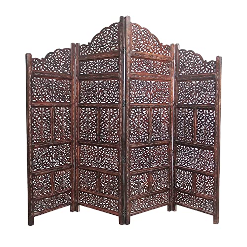 Room Divider Wood Screen - Ghanti Bells Antique Brown - 4 Panel Folding 72 x 80 - Assembled Hand Carved Decorative Functional Versatile Portable Partition Reversible Privacy Boho - COTTON CRAFT