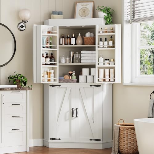 Corner Cabinet, Kitchen Pantry Cabinet, Storage Cabinet with 4 Doors and Shelves, Kitchen Cabinet, Pantry Cabinet, Tall Food Pantry Storage Cabinet Farmhouse Furniture for Kitchen Dining Room, White