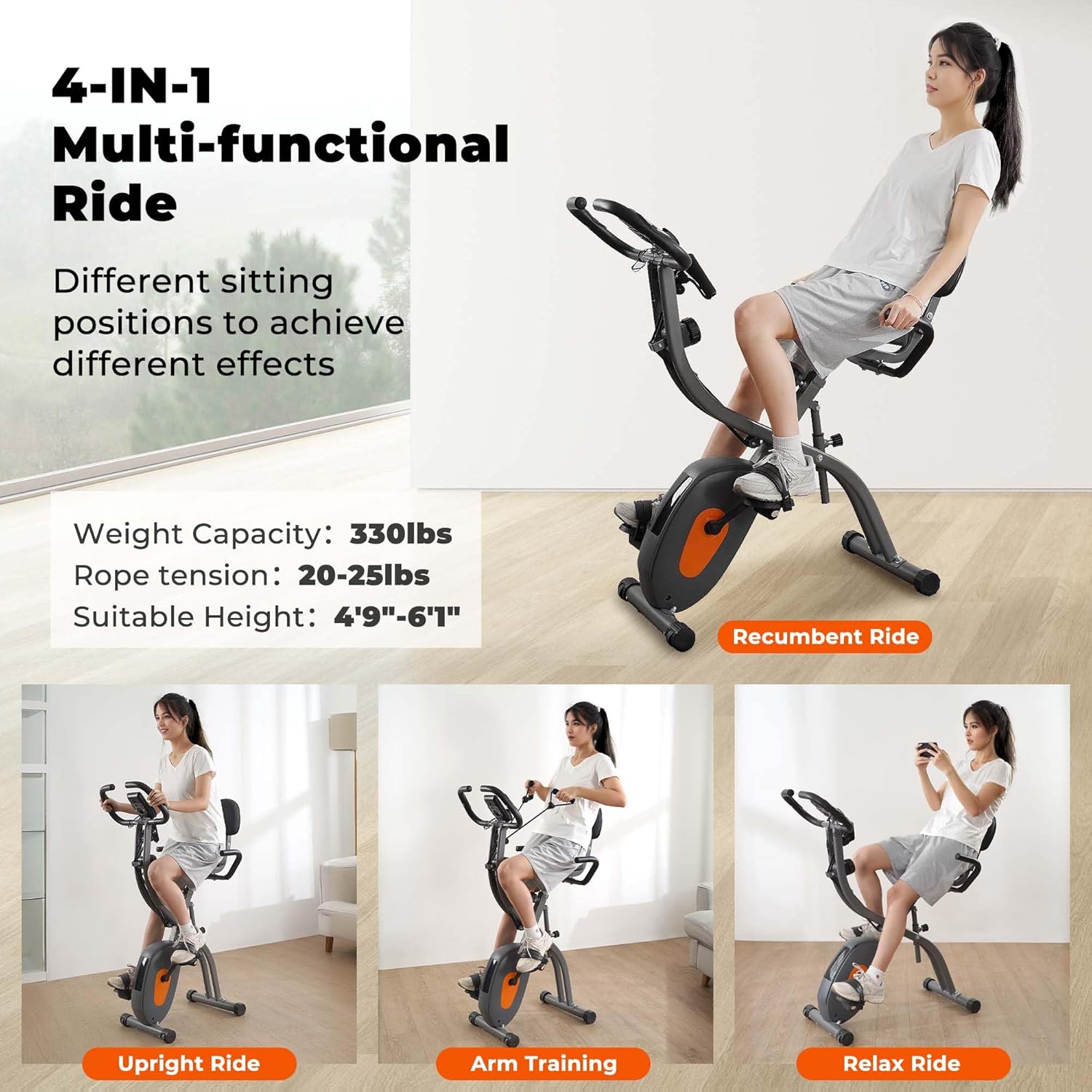 Exercise Bike Stationary Bike for Home Folding Exercise Bike with Arm Resistance Bands &Pulse Sensor LCD Monitor Recumbent Exercise Bikes for Home Workout