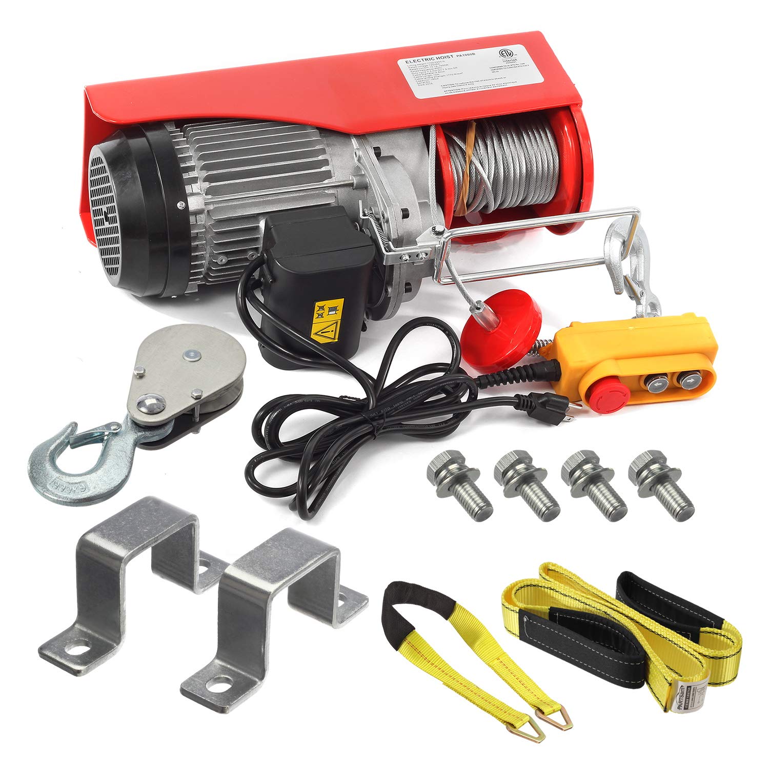 Partsam 2200 lbs Lift Electric Hoist Crane Remote Control Power System, Zinc-Plated Steel Wire Overhead Crane Garage Ceiling Pulley Winch w/Premium Straps (w/Emergency Stop Switch)