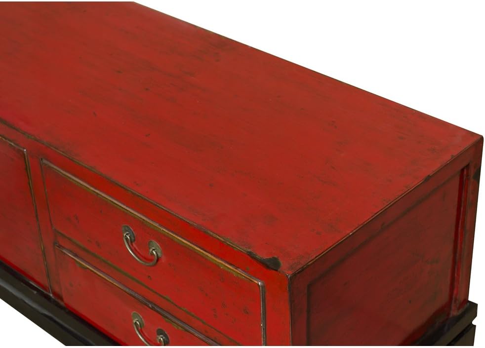 ChinaFurnitureOnline Elmwood Oriental Media Cabinet, Kang Style in Distressed Red Finish