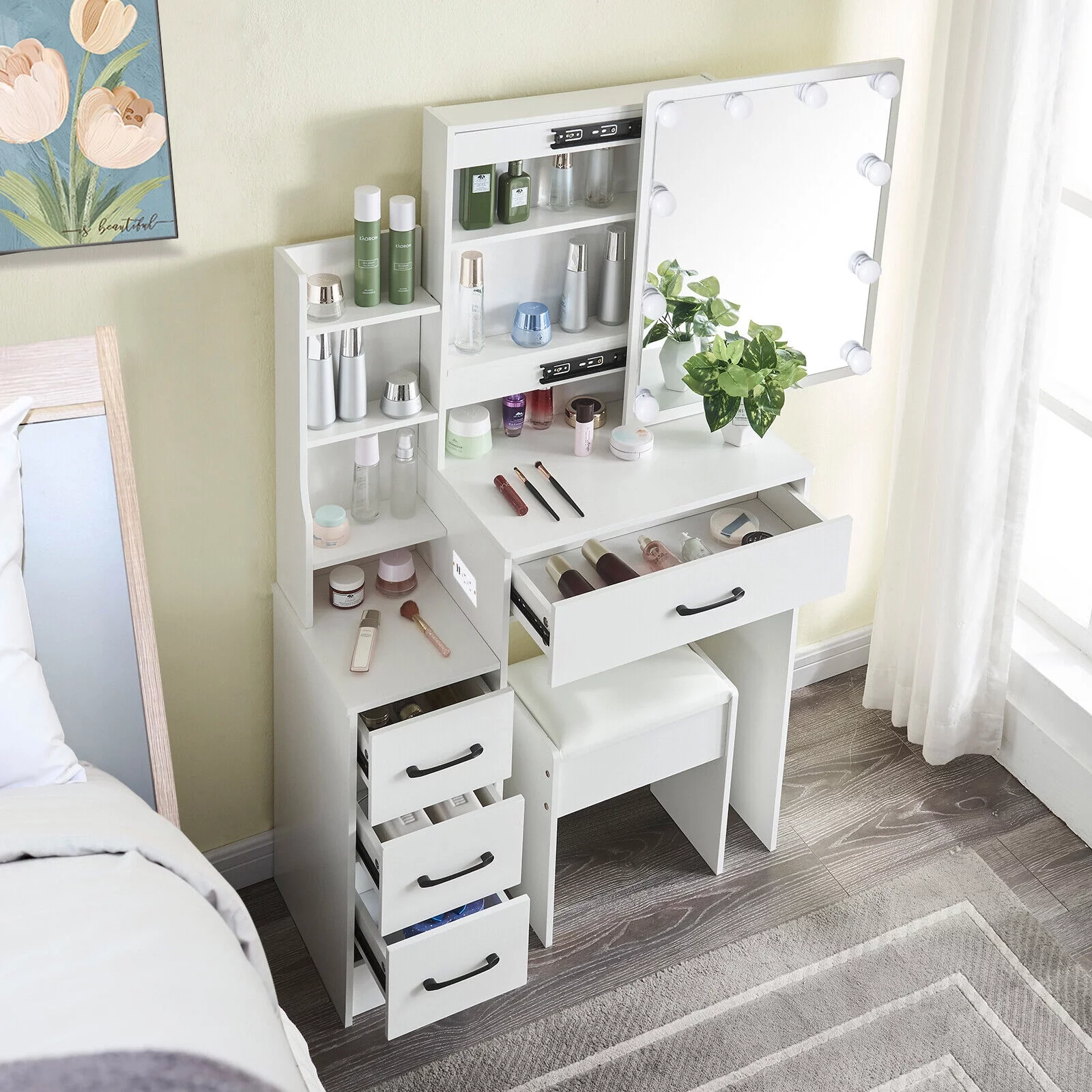 4 Drawers Makeup Vanity Desk with Power Outlet & Stool Mirror and 10 Bulbs Light