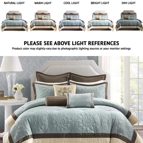 Madison Park Cozy Comforter Set Casual Modern Design All Season, Matching Bed Skirt, Decorative Pillows, King (104 x 92 in), Blue, 9 Piece