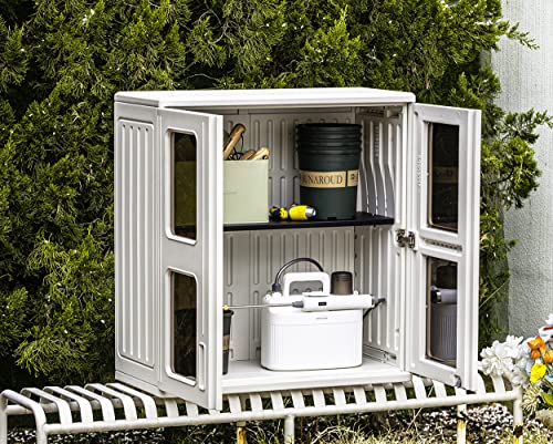 KINYING Outdoor Storage Cabinet Waterproof, Resin 60 Gallon Deck Box for Patio Furniture Cushions, Garden Tools, Pool Tools and Kids’ Toys (Off White with 1 Shelving)