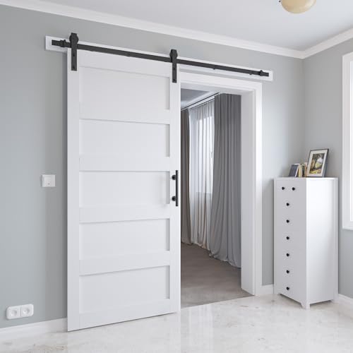 34in x 84in Sliding Barn Door with 6ft Barn Door Hardware Kit & Handle, Pre-Drilled Holes Easy Assembly -Solid Barn Door Slab Covered with Water-Proof PVC Surface, White, 5 Panel