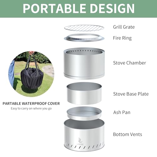 Silver Portable Solo Stove Bonfire with Removable Ash Pan,Firepits with Bottom Vents,19 Inch Smokeless Firepit Outdoor by Wood or Pellet Burning,for Outside Patio and Camping,Stainless Steel