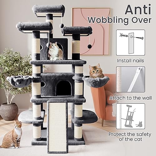 SHA CERLIN 68 Inches Multi-Level Cat Tree Tower with Condo, Plush Perches, Scratching Posts, Hammocks, and Play House, Beige